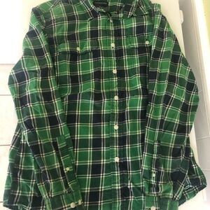 Lands' End Men's M 15-15 1/2 Green Plaid 100% Cotton Flannel Shirt